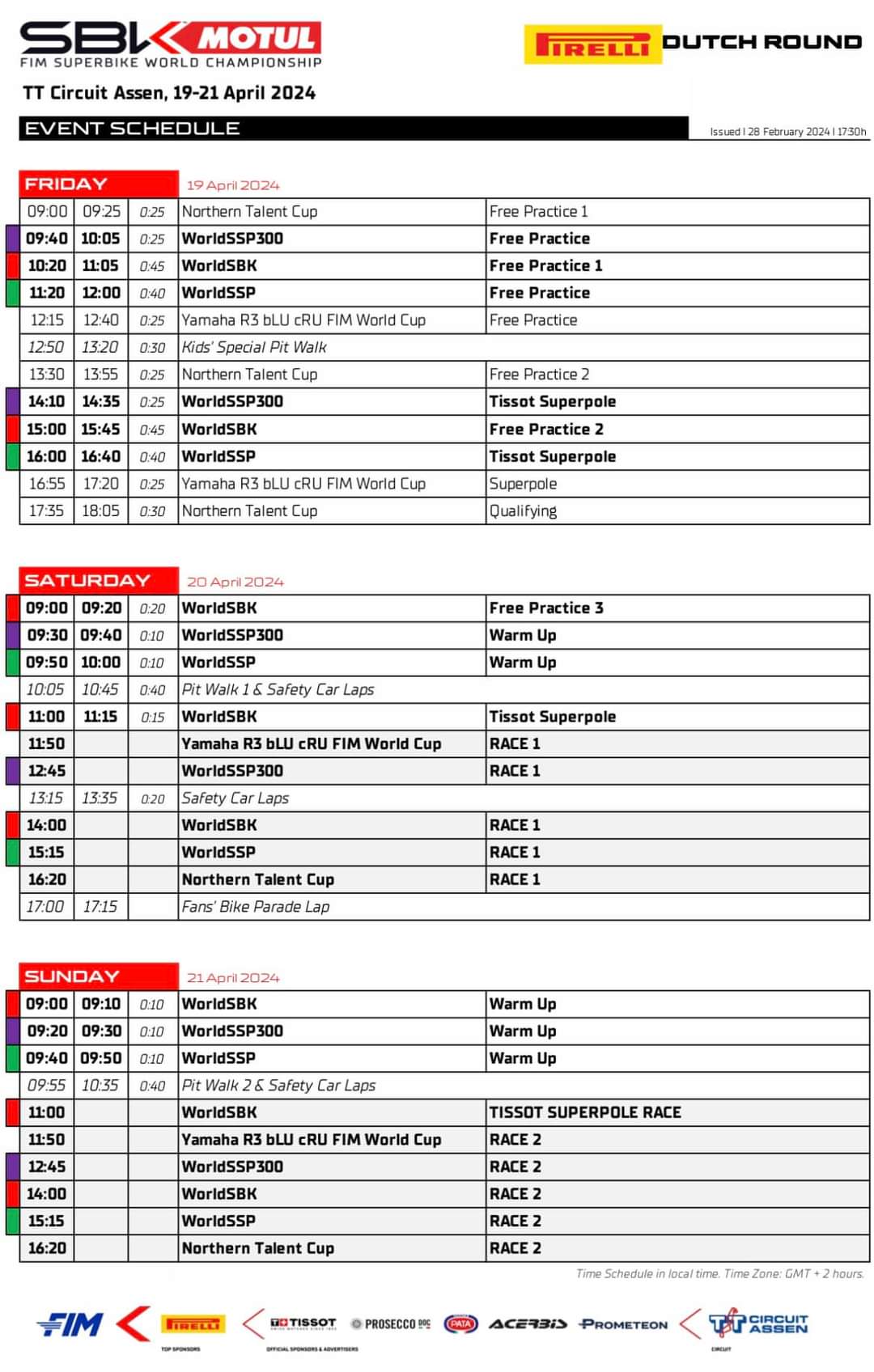 Tijdschema WK Superbike Assen